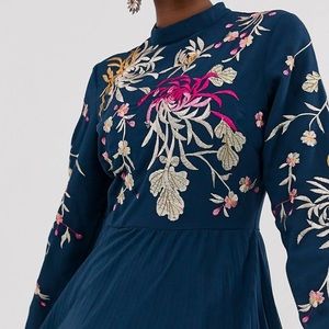 ASOS embroidered pleated dress w/ fluted sleeve